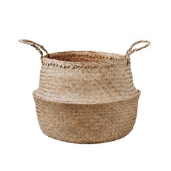 Empty handwoven seagrass belly basket with handles for storage laundry and toys or can use as cachepot. Trendy design. Round storage basket in braided seagrass, isolated on white background with