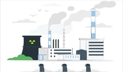 Air, water and soil pollution by industrial production cartoon vector concept. Working plant, factory emitting smoke through chimneys, pouring toxic waste chemicals in river through pipes illustration