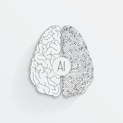 Cyberbrain concept. Outline top view illustration of a circuit board with a brain. Artificial intelligence icon