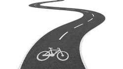 Curve asphalt road isolated on white background, with cycle track and bike sign white dividing. with clipping path