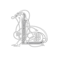 Line Drawing of a Medieval Initial Letter L combining animal body parts from a Lion and endless Celtic knot ornaments
