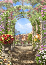 View through the arch with flowers to the sea