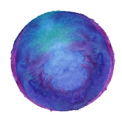 Colorful watercolor sphere. Grunge design elements. Blue wet hand painted round blotch circle. Abstract painting.