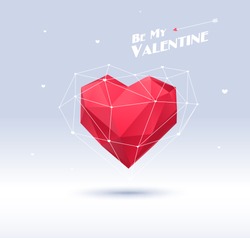 Red origami heart on white background with shadow. Vector Illustration. Abstract polygonal heart. Love symbol. Low-poly colorful style. Romantic background for Valentines day. Eps 10