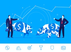 Flat design vector concept illustration. The confrontation of the two sides. Bull and bear standing next to businessmen. Vector clipart. Icons set.