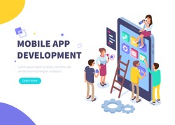 Mobile app development concept banner with characters. Can use for web banner, infographics, hero images. Flat isometric vector illustration isolated on white background.
