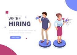 We are hiring concept banner. Can use for web banner, infographics, hero images. Flat isometric vector illustration isolated on white background.