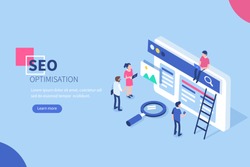 People team work together on seo. Can use for web banner, infographics, hero images.  Flat isometric vector illustration isolated on white background.