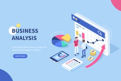 Business analysis  concept banner with characters. Can use for web banner, infographics, hero images. Flat isometric vector illustration isolated on white background.