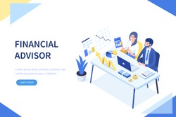 Financial advisor concept banner with characters. Can use for web banner, infographics, hero images. Flat isometric vector illustration isolated on white background.