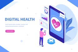 Digital health concept. Can use for web banner, infographics, hero images. Flat isometric vector illustration isolated on white background.