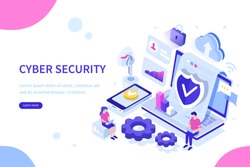 Cyber security concept with characters. Can use for web banner, infographics, hero images. Flat isometric vector illustration isolated on white background.