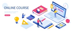 Online education concept with text place. Can use for web banner, infographics, hero images. Flat isometric vector illustration isolated on white background.