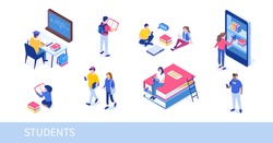 Different college students studying. Can use for web banner, infographics, hero images. Flat isometric vector illustration isolated on white background.