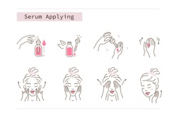 Beauty Girl Take Care of her Face and Applying Cosmetic Serum Oil. Woman Making Facial Massage by Lines. Skin Care Routine, Hygiene and Moisturizing Concept. Flat Vector Illustration and Icons set.