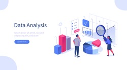 People Characters Working with Data Visualization. Man and Woman Analyzing Tables, Charts and Graphs at Business Dashboard. Digital Data Analysis Concept. Flat Isometric Vector Illustration.