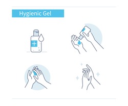 Infographic Steps How to Use Hygienic Gel for Hands Properly. Cleaning Hands with Antiseptic Product. Prevention against Virus, Germs and Infection. Hygiene Concept.  Flat Cartoon Vector Illustration.