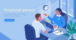 Financial Advisor Sitting at Office Desk and Talking with Client. Man Meeting Lawyer for Advice. Woman Business Consultant Analyzing Financial Report. Flat Isometric Vector Illustration.