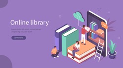 Student Characters Learning Online at Home. Character Reading Book in Online Library and Studying with Smartphone. Mobile Education Concept. Flat Isometric Vector  Illustration.