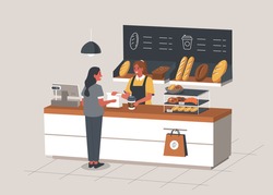 Woman Buying Coffee and Bread in Bakery Shop.  Baker Standing at Cashier Desk. Shelves  full of Breads, Baguettes and Various Bakery Products. People in Cafe. Flat Cartoon Vector Illustration.