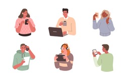 Young People use Smartphones, Laptops and Tablets. Characters with Different Devices. Boys and Girls Talking and Typing on Phone. Female and Male Characters Set. Flat Cartoon Vector Illustration.