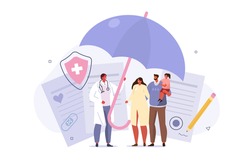 Doctor and Patients in Hospital filling Health and Life Insurance Policy Contract. Doctor holding Umbrella over Family to Protect from Accident. Health Care Concept. Flat Cartoon Vector Illustration. 