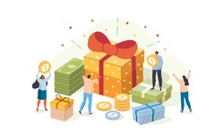 People Characters Receiving Online Reward. Woman and Man Standing near Gift Boxes and Collecting Cash Back Bonuses. Loyalty and Referral Marketing Program Concept. Flat Isometric Vector Illustration.