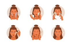 Beauty Girl Take Care of her Face and Use Cleansing Products for Skin. Facial Cleaning, Serum Applying, Massaging and Make Up Removing Skincare Procedures. Flat Vector Illustration and Icons set.