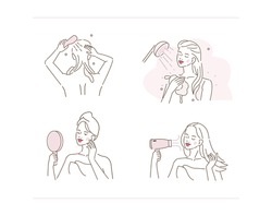 Beauty Girl Taking Care about her Skin and making Spa Procedures. Woman Taking a Shower in her Bathroom, Applying Cream at her Face, Drying  Hair. Flat Line Vector Illustration and Icons set.
