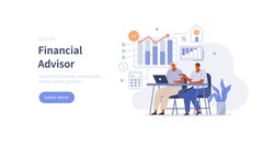 Financial advisor with client analyzing financial report. Man meeting accountant for advice. Business consultant at work. Flat cartoon vector illustration.