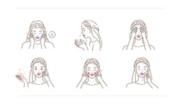 Beauty girl take care of her face and use cleansing skin products. Woman making skincare procedures. Facial cleaning concept. Flat line vector illustration and icons set.