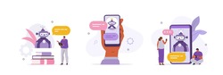 Customers having dialog with chatbot on smartphones. Characters chatting with robot, asking questions and receiving answers. AI assistant support and FAQ concept. Flat cartoon vector illustration. 

