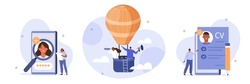 Hiring illustration set. Hr managers flying on air balloon, searching job candidate and reading CV. Character applying for work position. Job recruitment process concept. Vector illustration.