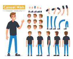 Casual man character constructor for animation. Flat style vector illustration isolated on white background.  