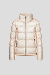 Ghost mannequin, Beige women's puffer down jacket without human isolated on white background. Winter clothes zipped with pockets for female, ladies. 3d voluminous cloth. Template, mock up