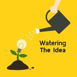 Human's hand watering the tree of creativity idea growth, Intelligent concept illustration. Flat design.