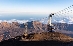 Cable car riding to the peak of Mount Teide called 'Pico del Teide'. View of the caldera and volcanic landscape. Teide National Park, Tenerife, Canary islands, Spain.