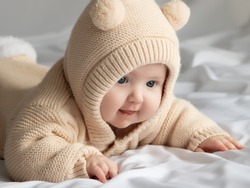 Just beautiful. Cute smiling baby. Cute 3 month old Baby girl infant on a bed on her belly with head up looking with her big eyes. Warm, fluffy biege clothes. Closeup. Three months old baby
