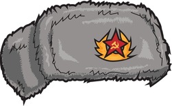 Russian fluffy hat with hammer and sickle symbol