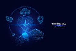 Vector illustration of smart watches. Digital wireframe of smart watches showing heart rate made of connected dots. Low poly illustration of heart rate monitoring hologram on blue background.