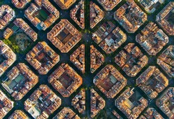 Aerial view of typical buildings of Barcelona cityscape. Eixample residential famous urban grid. Catalonia, Spain