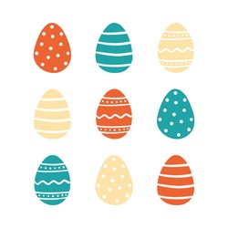 Cute cartoon style vector easter egg decorated with dots, stripes, ornaments for Easter design.