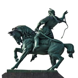 Russia, Bashkortostan, Ufa. Bronze statue (memorial) of the national hero of Salavat Yulayev. The biggest statue of horseman in Europe. Isolated on a white background.