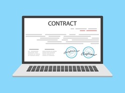 Online electronic smart contract document on laptop, paper document, signature on computer screen.