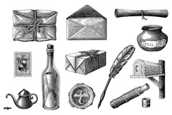 Vintage mail hand draw engraving style black and white clipart