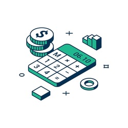 Business startup budget accounting calculator coin money cash dollar 3d icon isometric vector illustration. Financial strategy economy statistics analyzing chart marketing expenses and profit counting