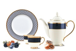 Colorful digital wall tiles design for kitchen, design set of elegant and traditional teapot colorful white blue gold coffee Tea cup on cup's plate beside the hot tea pot.