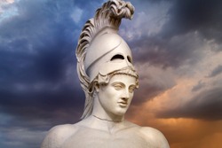 Statue of ancient Athens statesman Pericles. Head in helmet Greek ancient sculpture of warrior.