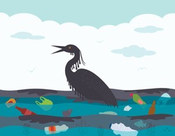 Ecological disaster in the ocean, oil leakage from the tanker. The dying bird, the victim of the accident on the background of a polluted ocean with plastic trash and oil. Flat vector illustration