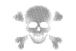 skull with bones in binary code stream on black background.concept of hacker attack, cyber piracy. vector illustration